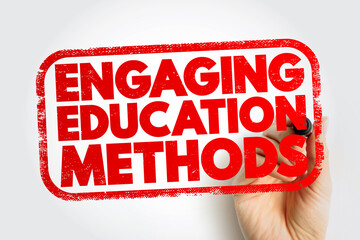 ENGAGING EDUCATION METHODS stamp with hand holding marker, creative teaching approach, learning improvement and classroom innovation