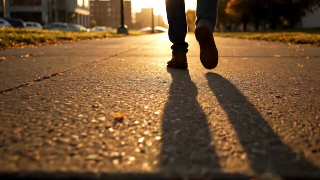 Person walking along sunlit sidewalk casting long shadows