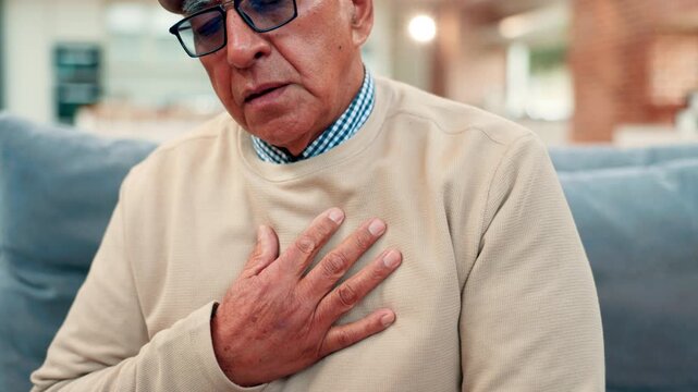 Senior man, chest pain or cough with cardiac arrest for heart attack, disease or illness in home. Elderly, male person or patient with respiratory infection or hypertension for high blood pressure