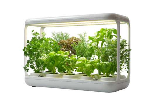 Vertical hydroponic garden with lighting isolated on transparent background