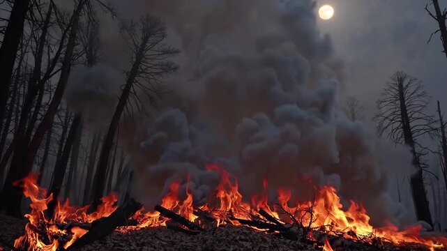 Forest burns at night under full moon. Flame and smoke fill air around destroyed trees. Wildfire disaster consumes natural environment. Trees collapse in intense burning fire and destruction