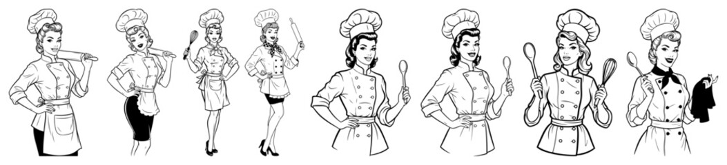 Retro Female Chef Vector Character Set in Vintage Line Art Style