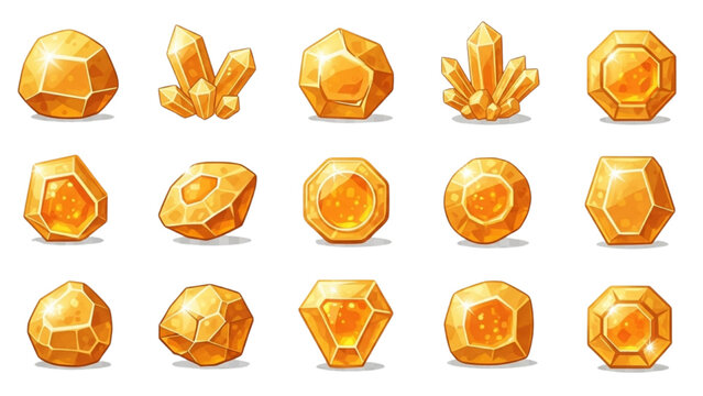 A collection of golden yellow gemstones, crystals, and precious jewels for video game assets and icons