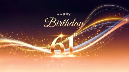 Elegant 61st birthday celebration with glowing gold digits, flowing sparkles, and gradient purple-orange backdrop