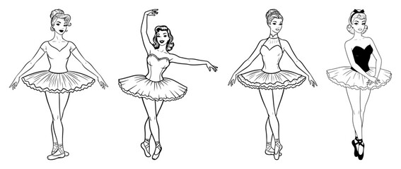 Retro Ballerina Pinup Women in Tutu Costumes Vector Illustration