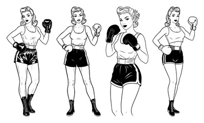 Vintage Pin Up Female Boxer Character Poses Vector Illustration