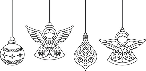 Fototapeta premium Four hanging ornate Christmas ornaments including angel designs, holiday decoration, festive line art, isolated black outline vector set