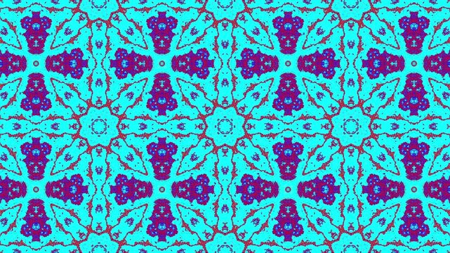 Kaleidoscope pattern with cyan, purple, and blue symmetrical floral shapes.