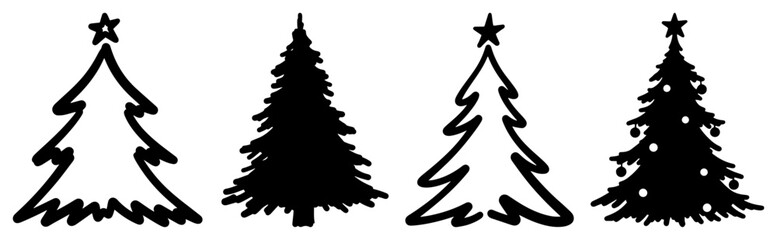 Set of Stylized Christmas Tree Silhouettes and Outlines for Holiday Design