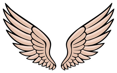 Artistic illustration of angelic wings spread wide with a light peach hue and bold outlines