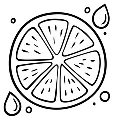 Stylized Citrus Fruit Illustration with Droplets of Juice, Outline Graphic of a Sliced Orange, Lemon, or Lime with Seeds and Water