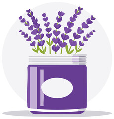Vibrant purple lavender flowers in a decorative jar illustration botanical design