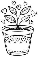 Hand drawn coloring page illustration of a growing plant in a pot surrounded by love hearts