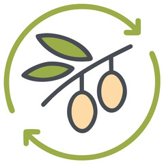 Line art drawing of a olive branch with olive fruits and circle arrows symbolizing recycle, reuse and sustainability