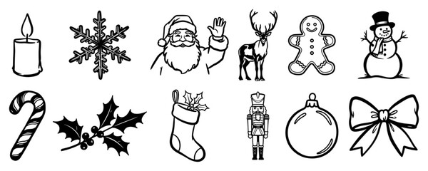 Set Of Christmas Holiday Icons Featuring Santa Reindeer Snowman And Winter Elements In Line Art