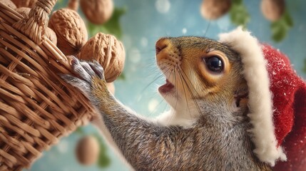 christmas Squirrel wearing a Santa hat holding nuts from a basket.