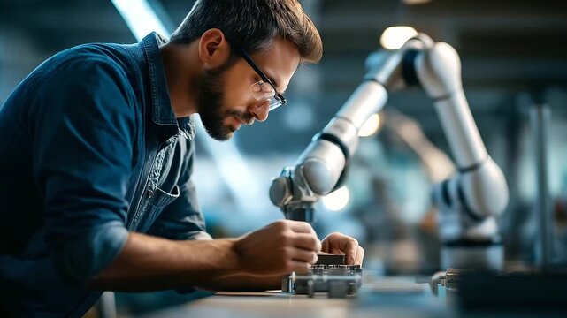 Collaborative robot working alongside human technician on battery assembly cobots in EV manufacturing human robot teamwork automotive production factory floor defocused behind