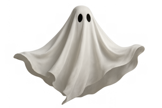 White spooky ghost costume with black eyes floating for halloween party celebration and scary concepts, transparent background
