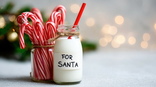 christmas Milk and candy canes for Santa, festive holiday setting.