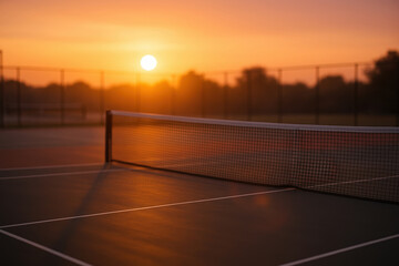 Serene sunset tennis court with warm golden light. Concept of peaceful atmosphere, sports facility aesthetics, evening calmness, and empty court mood with soft emotional warmth.