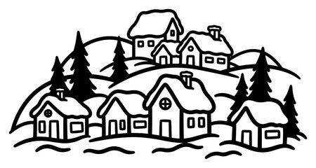 Fototapeta premium Snowy Winter Village Houses on Hill Line Art Vector Illustration