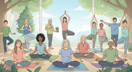 Diverse group yoga class practicing mindfulness and meditation for health and wellness retreat session