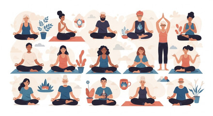 Diverse group practicing yoga and meditation for wellness and relaxation in a peaceful and mindful setting