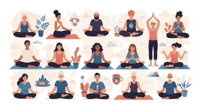 Diverse group practicing yoga and meditation for wellness and relaxation in a peaceful and mindful setting - Powered by Adobe