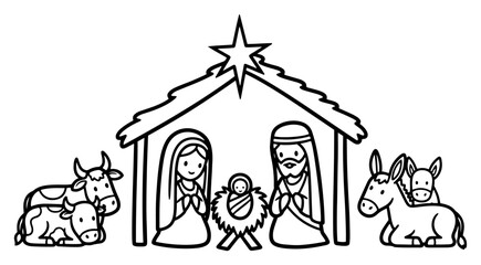 Cute Nativity Scene with Holy Family and Farm Animals in Outline Style