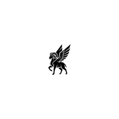 Winged ram symbol black silhouette of mythical creature on white background