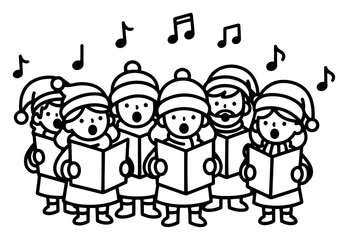 Group Of Cute Children Singing Christmas Carols With Musical Notes Vector Illustration