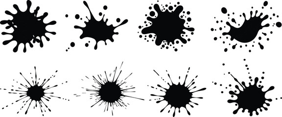 Abstract set of black ink splatters and paint splashes for design isolated on transparent background, Vector