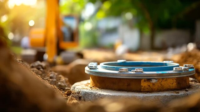 Pipeline access manhole installation infrastructure service point underground utility access concrete chamber construction detail excavation site defocused around with copy