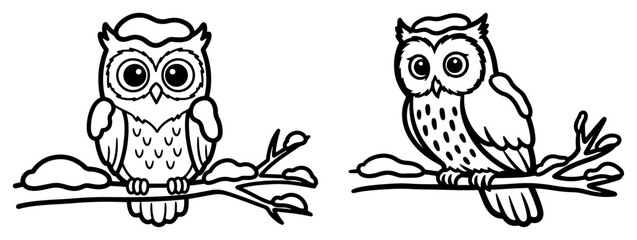 Cute Owl Pair on Winter Branches Outline Vector Illustration
