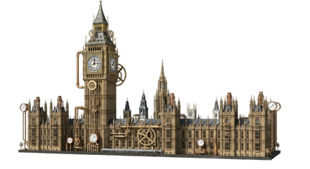 Steampunk clock tower and parliamentary building structure featuring elaborate gears, pipes, and Victorian era industrial elements isolated on transparent background
