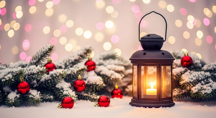 Festive christmas lantern with snowy pine branches and bokeh lights