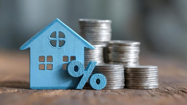 Blue wooden house model with a large percent sign leaning on stacks of coins, symbolizing mortgage rates. Concept Mortgage Rates, Real Estate Finance, Homeownership, Interest Rates, Economic News