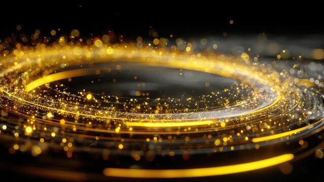 Glowing golden rings with swirling sparkles and particles in a dark background. Concept Glowing golden rings, Swirling sparkles, Particle effects, Dark background, Abstract glow - Powered by Adobe