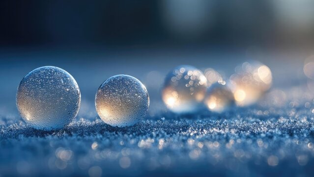 Two frosted ice spheres rest on a frost-covered surface with warm bokeh lights in the distance. Concept Frosty still life, Ice spheres on frost, Warm bokeh lights, Winter soft focus - Powered by Adobe