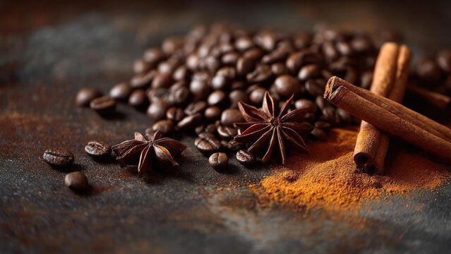 A close-up of roasted coffee beans with star anise and cinnamon sticks on a dark surface. Concept Close-up Coffee Beans, Star Anise, Cinnamon Sticks, Dark Surface, Aromatic Spices - Powered by Adobe