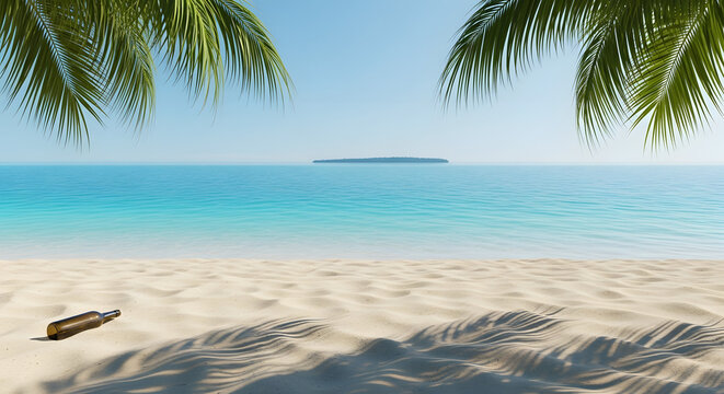 Tropical beach paradise with palm trees turquoise water and message in bottle - Powered by Adobe