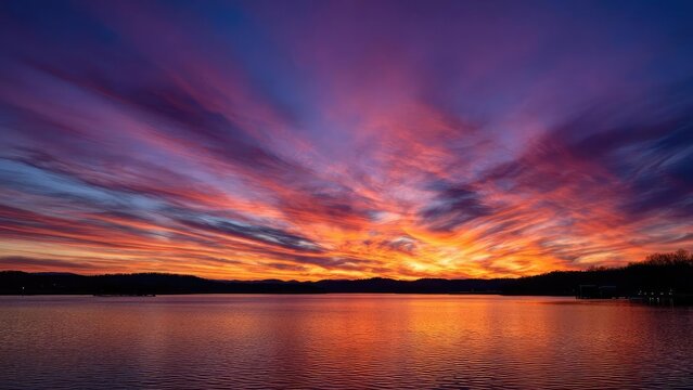 Vibrant sunset over a calm lake with orange and purple clouds reflecting on the water. Concept Sunset Lake Photography, Reflections at Dusk, Orange and Purple Sky, Calm Water Scene