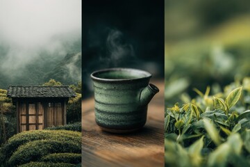 Nature Image (Misty, Mountains, Tea, Wooden House)