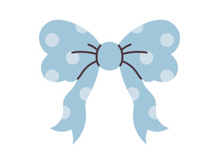 Vector blue bow with white polka dot pattern and long ribbons. Cute decorative element for gifts, celebration, greeting cards, holiday and fashion design in flat style.