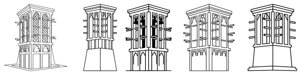 Traditional Wind Tower Or Barjeel Architecture Vector Set In Line Art Style