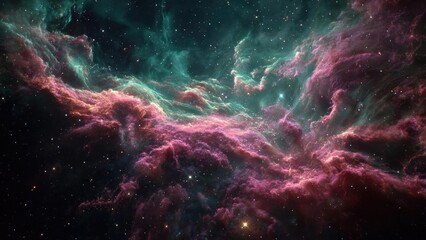 Colorful space nebula with pink and turquoise gas clouds and twinkling stars. Concept Colorful space nebula, Pink and turquoise gas clouds, Twinkling stars, Cosmic scenery, Astral photography