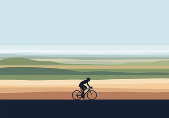 Obraz premium Bicyclist in minimalist landscape with rolling hills in silhouette style