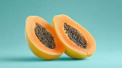 Two pieces of orange fruit with a green background