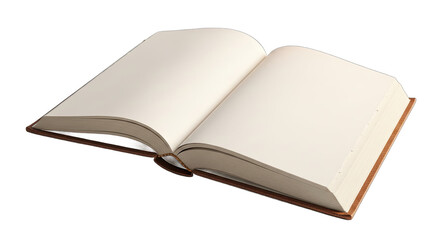 Traditional open book displaying pristine blank pages and a sturdy brown cover offering extensive room for custom content isolated on transparent background