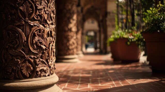 Ornate carved stone column in a sunlit courtyard with brick paving and large potted plants along a colonnade. Concept Ornate carved stone column, Sunlit courtyard, Brick paving, Large potted plants - Powered by Adobe